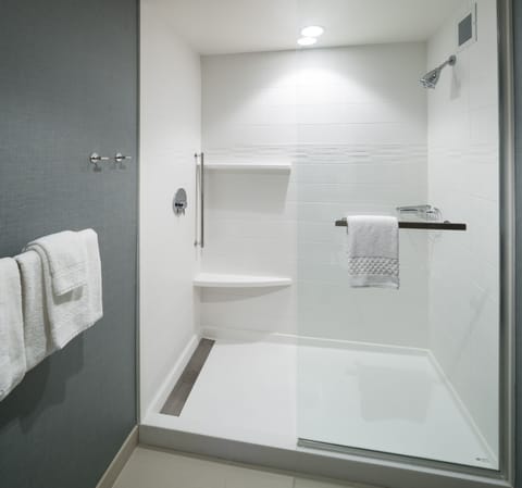 Full bathroom with a shower. Basic toiletries and towels are provided
