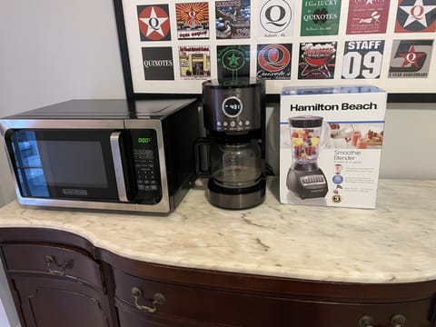 New coffee maker, microwave, and blender for the kitchen