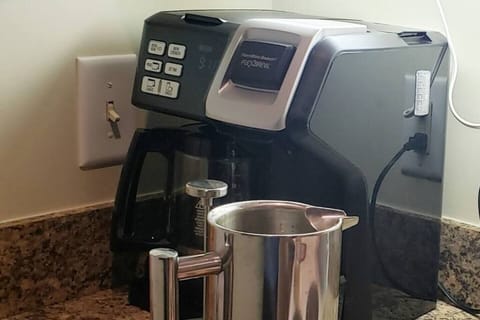 Someone say coffee? We have 12 cup drip, Keurig and French press. And there's more! We have ground coffee, Keurig cups and whole bean you can grind to start you first few days out. ... and yes, we have Tea too.