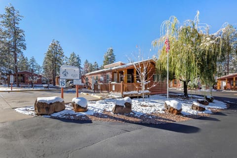 Step into a cozy cabin retreat under crisp blue skies.
