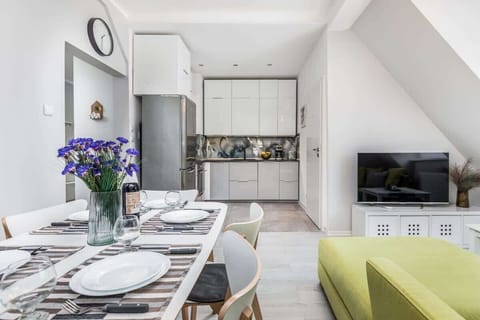 The living area with cupboard and TV has been combined with a functional kitchenette.