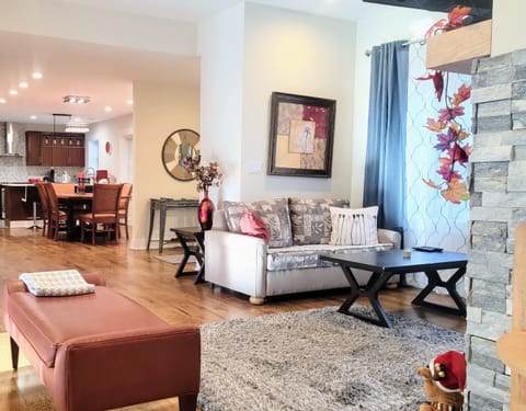 Living Room area with coffee table and pull-out full size sofa bed.