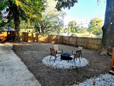 Large backyard with lighting for nights area the fire pit