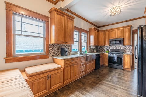 The first kitchen is fully stocked and ready for the chef