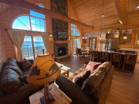 The living room and kitchen area with the gorgeous view out the giant windows.