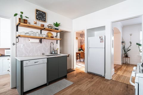 Kitchen looking into living space and dining area. 