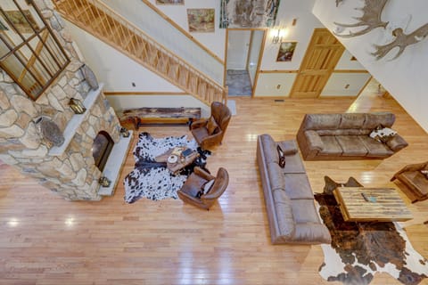 Living room, fireplace view from second-floor balcony 