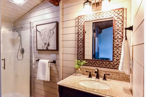 Bathroom with shower, vanity and toilet