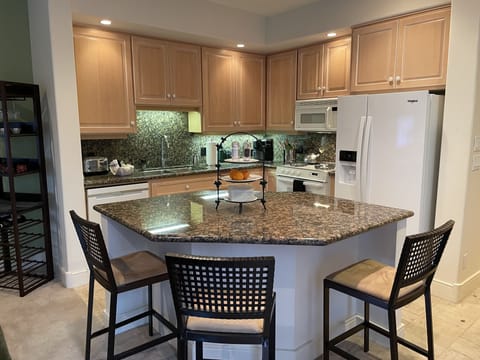 Unit has full set of dishes, glassware, pots/pans, baking dishes, blender & more