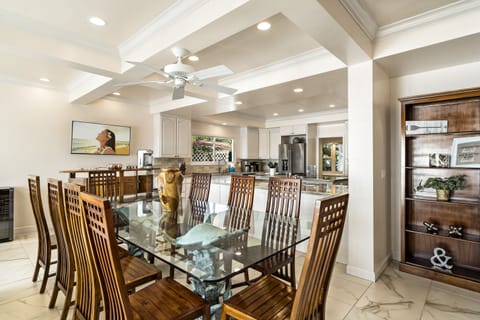 Enjoy family-style meals at the spacious indoor dining table for eight.