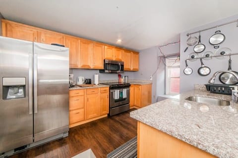 Kitchen view, fully stocked for long term stays and cooking