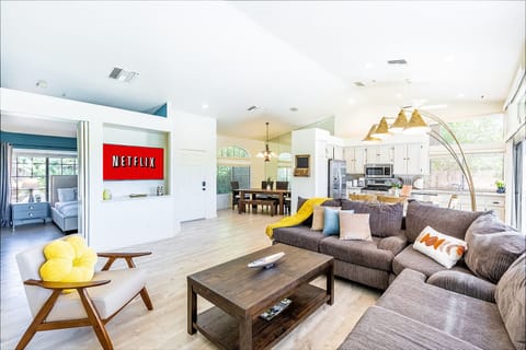 Living room. We offer Netflix, Hulu and Disney +