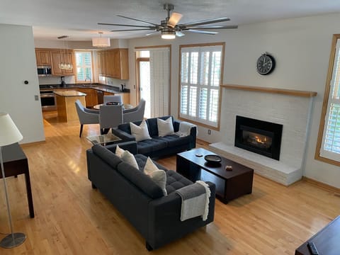 1st floor Cozy open plan with fireplace & patio  directly from kitchen.
