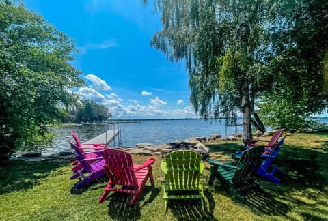 Fire pit & seating area right on the bay.