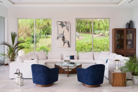 Main living room with Japanese garden outside 