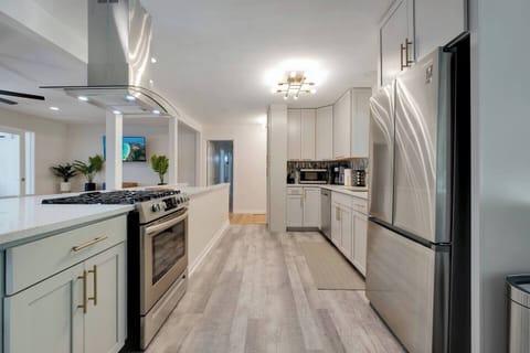 Gas range and island hood vent are gorgeous and functional.