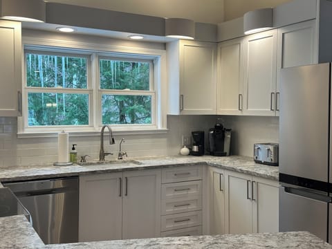 Modern appliances and filtered drinking water at kitchen sink