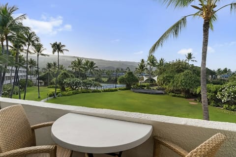 Linger outdoors and admire manicured gardens from your table.
