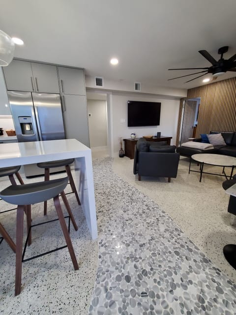 The gray brick road through the great room