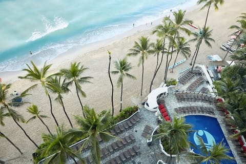 Dive into poolside relaxation steps from soft sandy beach.