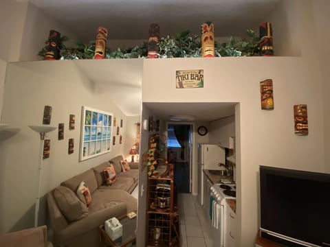 Your view as you walk into the condo!  Look up for the tikis in the loft.