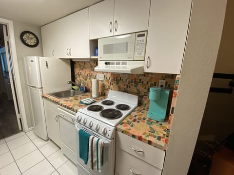 The tiki kitchen, with retro fabric epoxied countertops.  