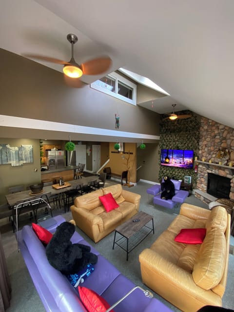 Living room spacious with fireplace and TV. Beautiful view.