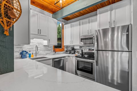 Beautifully updated kitchen with stainless steel appliances and modern white cabinetry.