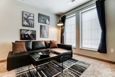 Living Room Features:
 - 50" HD TV with swivel mount
 - Floating entertainment console
 - Netflix
 - Queen Sized pull out sofa w storage
 - Hanging light with Bluetooth speaker bulb
 - Desk
 - Blackout curtains