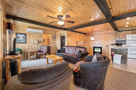 Living room and kitchen are located on the upper level