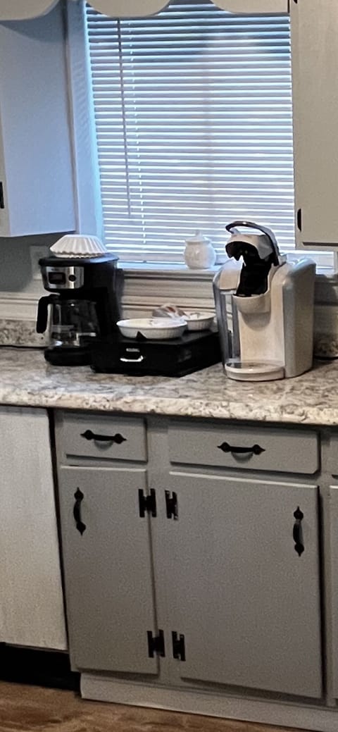 Coffee maker and keurig available. Pods, creamer and sugar as well.