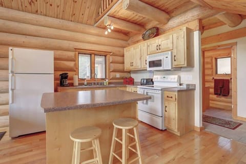 Dakota log Cabin kitchen with full log interior. 