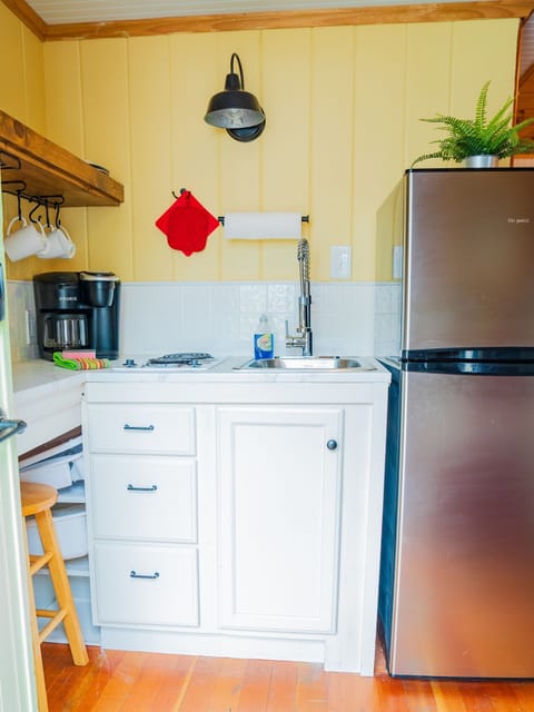 Kitchenette w/ 2 burner stovetop, refrigerator and toaster oven.