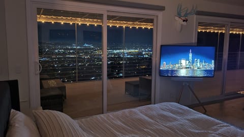 View from the master bed at night, with easel-stand TV