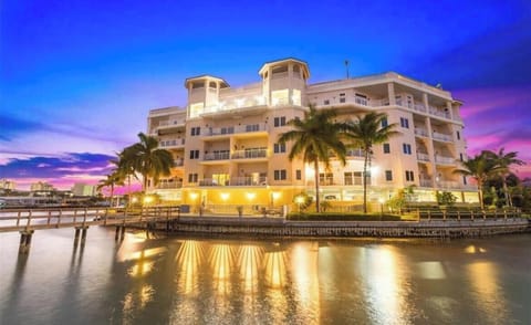 Evening view of condo from water