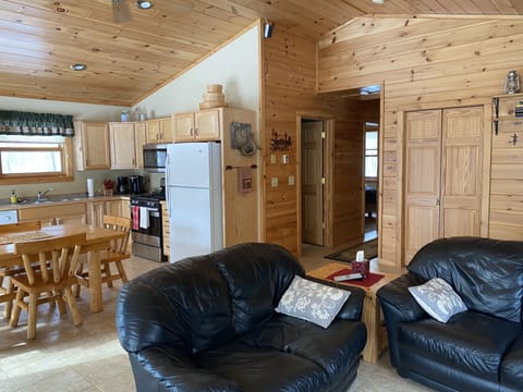 Living room, kitchen, hallway to bedrooms and bathroom.