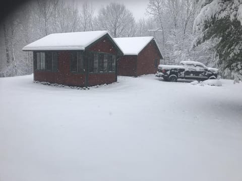 Sun room in the foreground and cabin behind