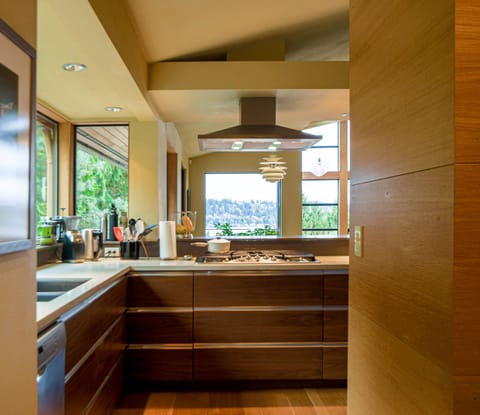 Kitchen view towards the lake and dining area