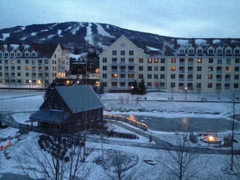 The view - Stratton Mountain and The Commons with ice skating pond and fire pit