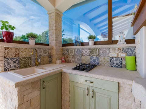 Cabinetry, Property, Plant, Blue, Azure, Countertop, Flowerpot, Building, Wood, Interior Design