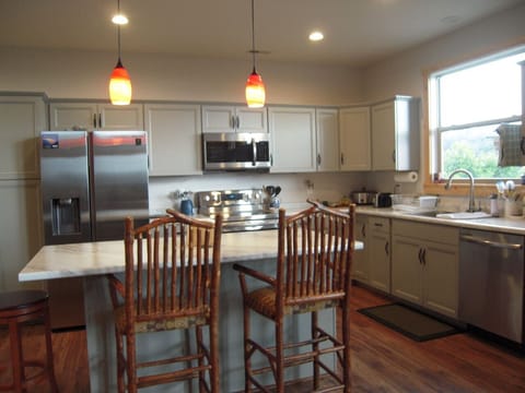 Kitchen island in the large well stocked kitchen