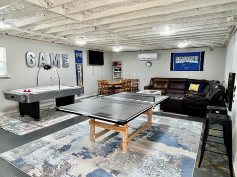 Ping pong, air hockey, connect 4, card playing table, gaming TV, foosball