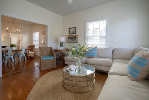 Large comfy down sectional, ceiling fan