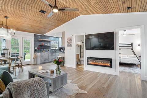 Enjoy the electric fireplace in the winter. 