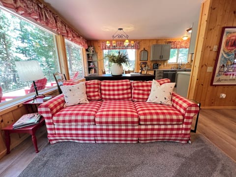 Custom comfy couches for movie nights in. Popcorn maker included!