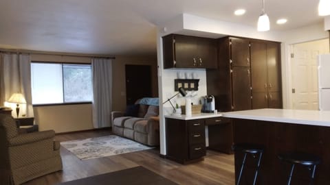 The living room, dining room and kitchen all flow together.