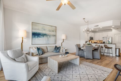 Designer-furnished condo with updated new flooring - Swivel chairs to see Smart TV and outdoor view in one turn! High end furnishings with designer details in this luxury 30A condo.
