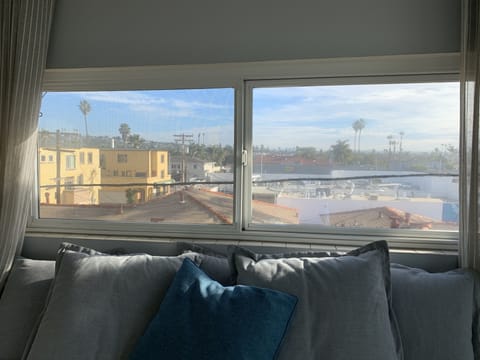 View of Palm trees and San Diego from side living room window over day bed