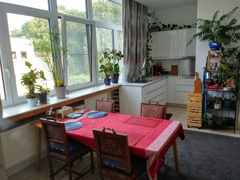 View on living-room with table and four confortable chairs, and the open kitchen
