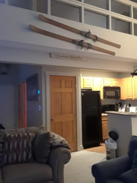 View of  rustic skis and loft
Washer dryer located in closet for ease of access